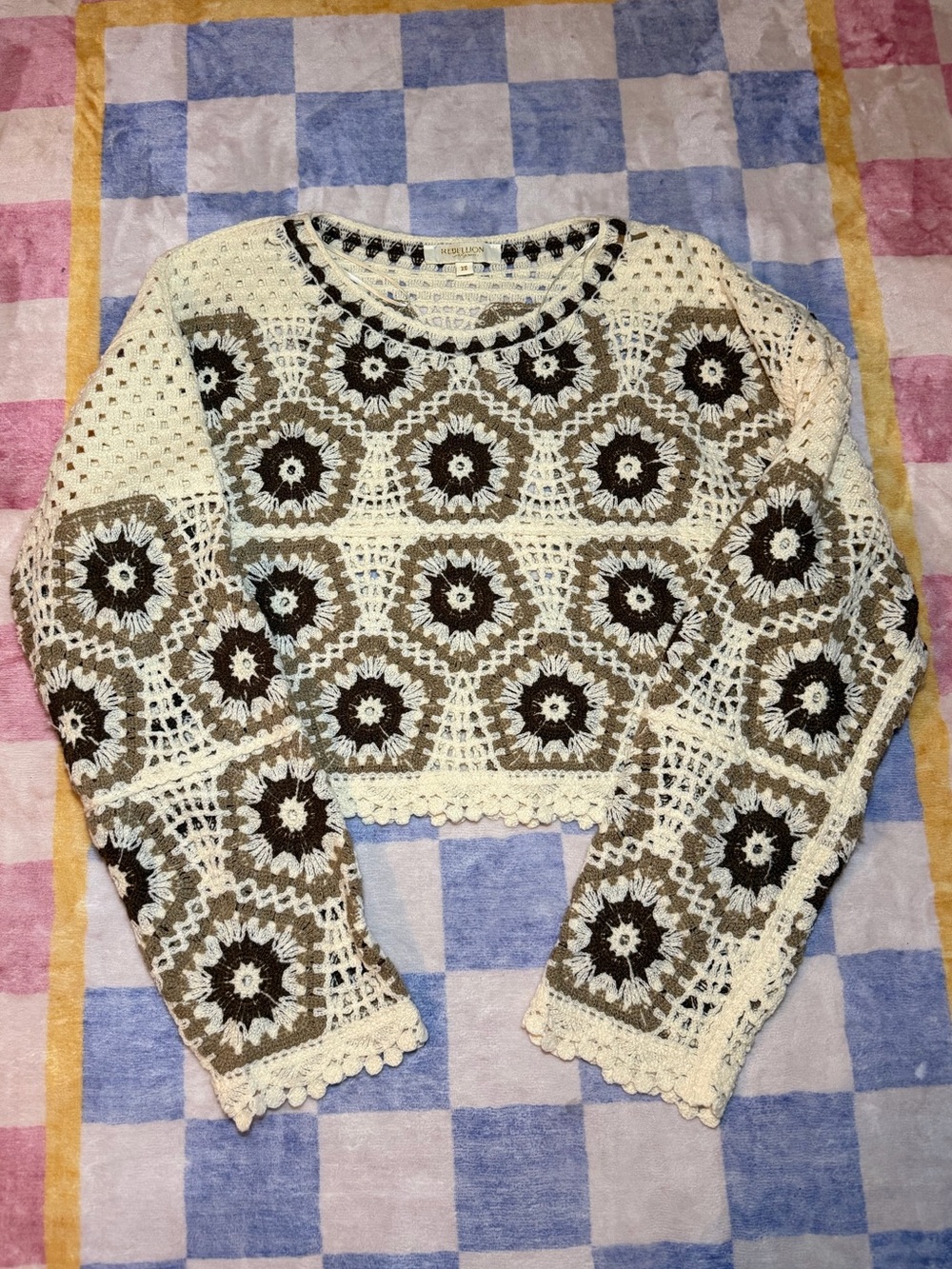 Rebellion Crocheted Floral Crop Sweater in Cream and Brown